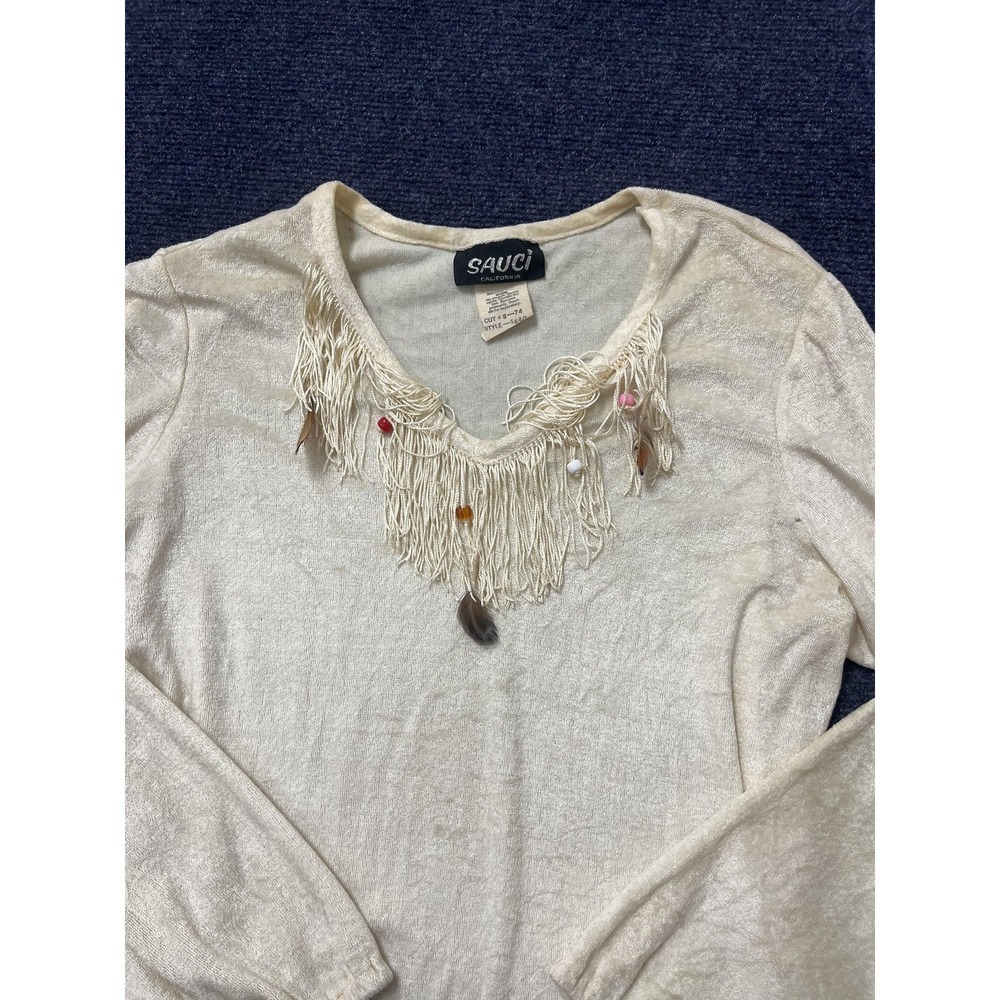 Vintage Sauci California Shirt Womens Large Cream Fringe Long Sleeve‎ Boho 70s